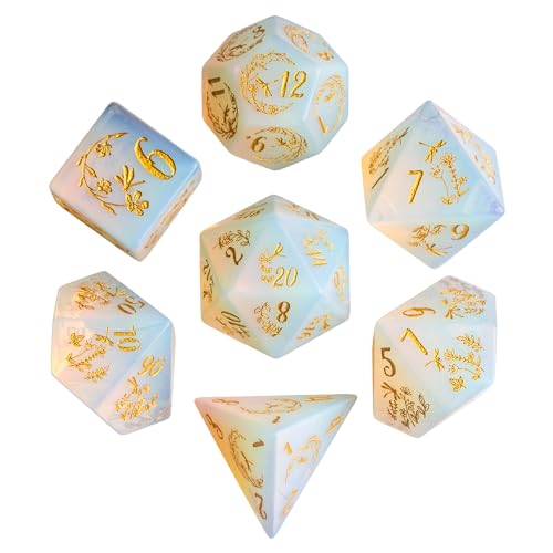 Image of UDIXI Opal Stone DND Dice Set, 7PCS Gemstone Dice Set D&D with Gift Case for Role Playing Games (Dragonfly and Flower)