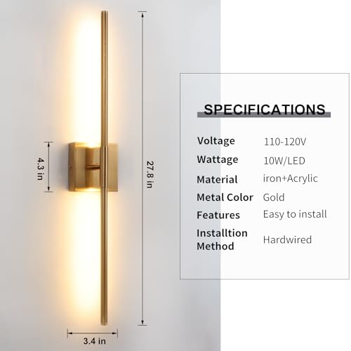 Image of Brushed Gold LED Wall Sconces Set of 2 with Warm White Light