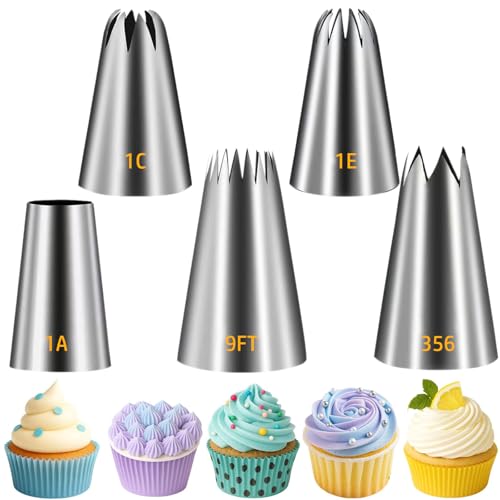 Suuker Large Piping Tips Set, Stainless Steel Cake Decorating Tips, 5 Pieces Frosting Icing Tips for Cake Decorating, Cupcakes, Cookie (1A 1E 1C 9FT 356)