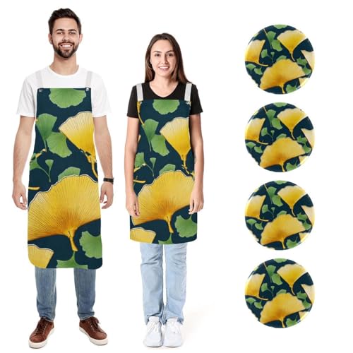 Tablier de cuisine en lin haut de gamme motif Ginkgo ajustable lot de 2