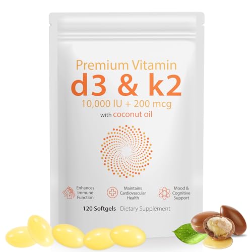 Premium Vitamin D3 & Vitamin K2 (MK-7) Softgels 120 Count Easy-Swallow VIT D3 K2 with Coconut Oil Gluten Free High Strength Vitamin D3 and K2 Supplements