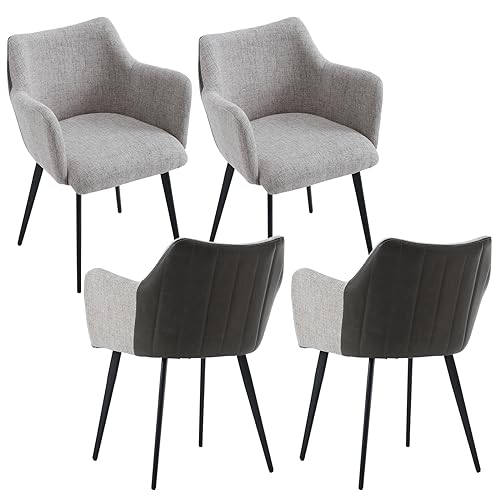 chairus Sillas de Comedor Juego de 4 Silla Vanity Sillas de Acento de Cuero PU + Tela de Lino Patchwork Sillón Moderno con Patas de Metal(Gris-4(Lino))