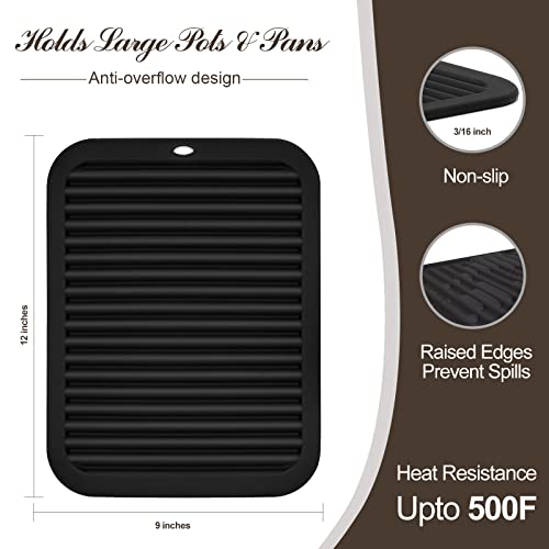 Breeze Touch Silicone Trivets For Hot Dishes, 2 Pack (9"X12") Hot Pads For Pots And Pans, Silicone Pot Holders For Kitchen Heat Resistant, Non-Slip Trivet For Counter, Waterproof Drying Mat Black #TOP1