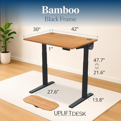 Image of UPLIFTDESK Bamboo (42 x 30 inch) Standing Desk 2-Leg V3 Adjustable Stand Up C-Frame (Black), Advanced Keypad, Wire Grommets, Wire Tray, Rocker Board