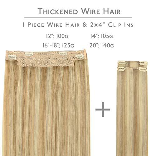 Image of WENNALIFE Wire Hair Extensions Real Human Hair 14 inch 105g Light Blonde Highlighted Golden Blonde Remy Hair Invisible Transparent Wire Straight Reusable Natural Easy to Apply Reusable for Volume