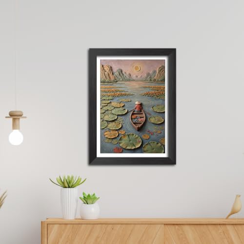 Image of TenorArts Boat on the Lake Art 3D Clay Textured Digital Art Print Photo Frame, Modern Art Abstract Painting For Bedroom Living Room Home and Cafe Decor | Minimal Drawing Black Framed Posters for Decoration (9x12 inches) [CL-S01]