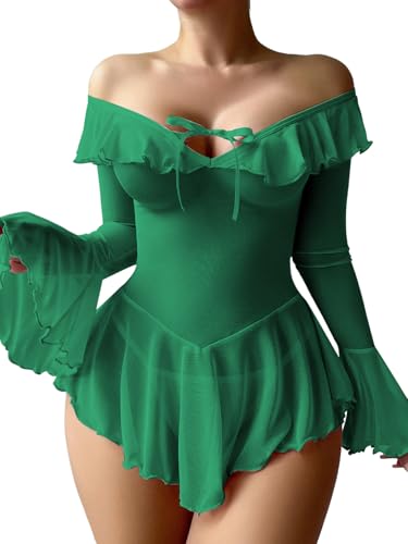 Image of OYOANGLE Women's 2 Piece Off Shoulder Long Sleeve Ruffle Mesh Sheer Nightgowns with Thongs Babydoll Lingerie Set