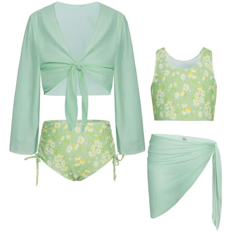 Four-Piece Girls Green-Daisy Swimsuit Set Cover