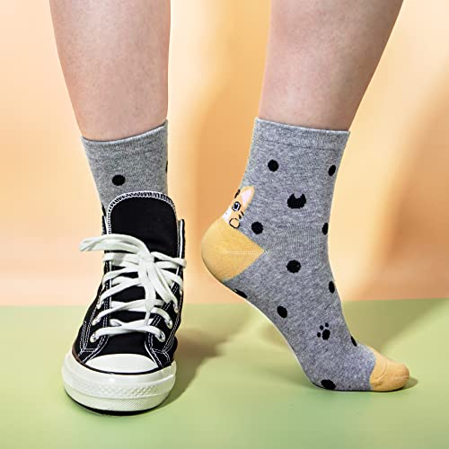 Cute Animal Socks For Women 5 Pairs, Funny Dog Socks And Cool 100% Cotton Art Painting Cat Socks Women, Blue & Gray & Blue & White & Brown & Gray #TOP4