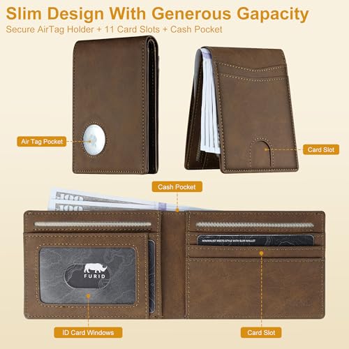 Image of furid Apple Airtag Wallet Men Slim: Air Tag Wallet with Airtag Holder, RFID Blocking, Bifold, Front Pocket, Minimalist Card Wallet, Carbon Fiber Wallet, Burnt Sienna, Airtag Wallet, Minimalist