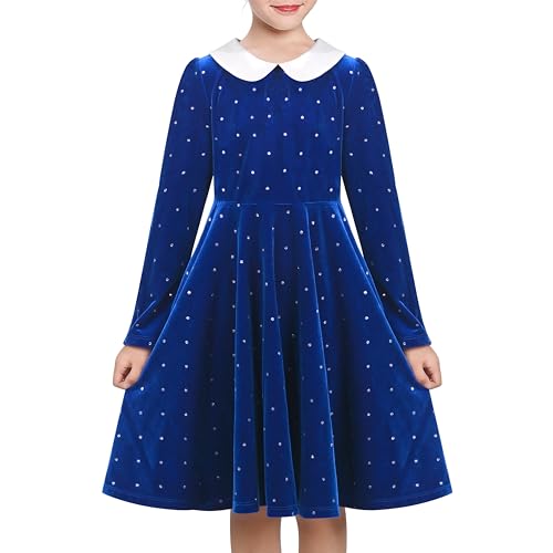 Image of Sunny Fashion Girls Dress Blue Sparkle Polka Dot White Collar Casual Warm Winter Age 8 Years