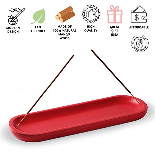 Incense Holder Or Insense Stick Holder, Modern Insence Burner For Sticks Or Ash Catcher For Home Décor, Handmade Wooden Incense Tray Trough For Sticks, Mango Wood, Red #TOP1