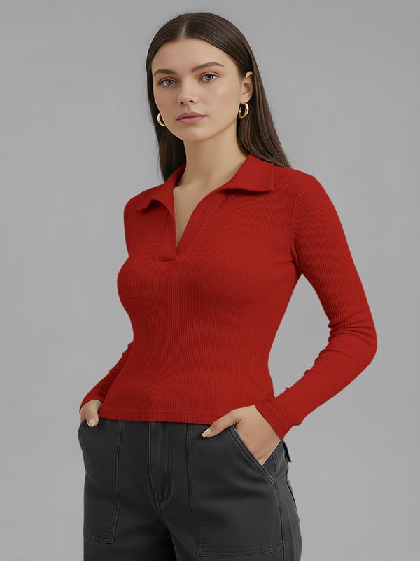 Image of Dream Beauty Fashion Women's Collared Neck Long Sleeve Slim Fit Casual Tee Top for Woman