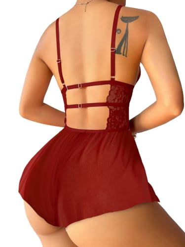 Image of Lilosy Sexy Lingerie One Pieces Dress Women Babydoll Romper | Bows Corset Plus Size Teddy Outfits Flora Lace Mesh Sheer Sleepwear Curvy Halloween Christmas Valentine Day Bridal