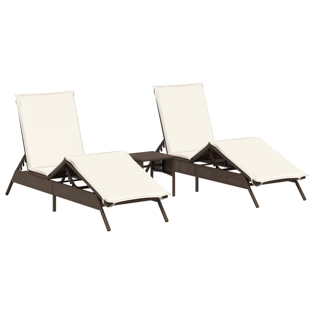 Chaises longues marron en résine tressée avec table de jardin | Lot de 2