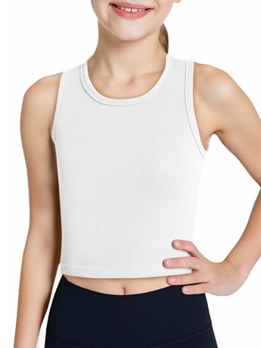 Image of Haloumoning Girls Tank Tops Kids Athletic Ribbed Knit Sleeveless Crop Tops Basic Camisole 5-14 Years