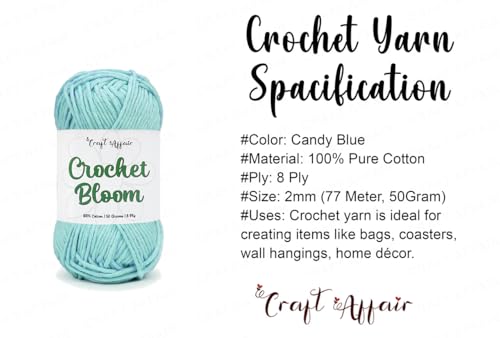 Image of Craft Affair | Crochet Bloom Cotton Yarn 8ply (2mm, 77Meter, 50Gram) 100% Pure Cotton | for Embroidery, Toy Making, Craft & DIY Project: Candy-Blue