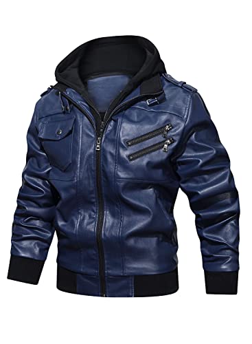 Image of HOOD CREW Men's Casual Stand Collar PU Faux Leather Zip-Up Motorcycle Bomber Jacket With a Removable Hood
