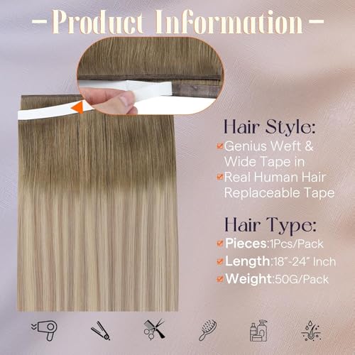 Image of Full Shine Genius Weft Hair Extensions, Ash Brown Blonde Ombre 20 Inch | 50g, Double Sided Tape in Hair Extensions Human Hair, Genius Weft, Natural Density, Wedding Styling, Smooth Movement