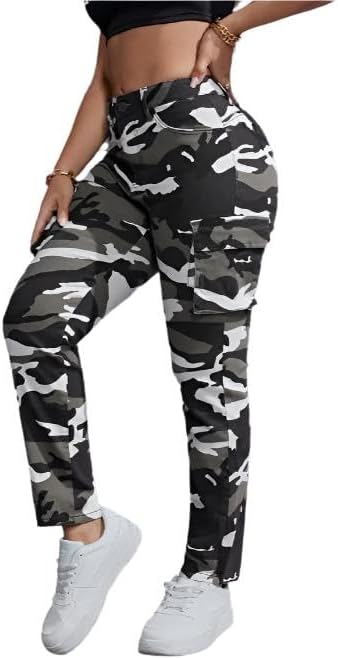 Women's Camo Print Cargo Jeans with Side Flap Pockets - High Stretch Relaxed Fit Streetwear Denim Pants