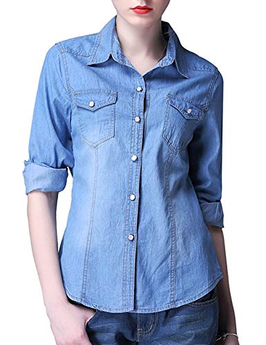 Yeokou Women's Classic Long Sleeve Button Down Denim Chambray Jean Shirt (X-Large, Light Blue004)