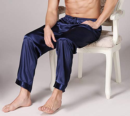 SOUGAO Calça de pijama masculina de seda e cetim para dormir, macia, longa, lisa, Azul, XXG