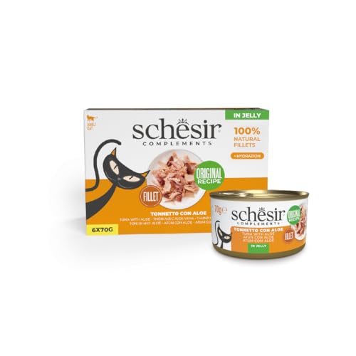 Schesir, Filetes de Atún con Aloe en Gelatina, Comida Húmeda Complementaria para Gatos, Receta Original, 100% Natural, 6 latas de 70g