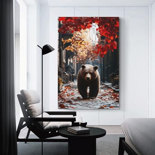 Tableau sur toile Bear Walking Down Autumn Street pour salon 50x75cm