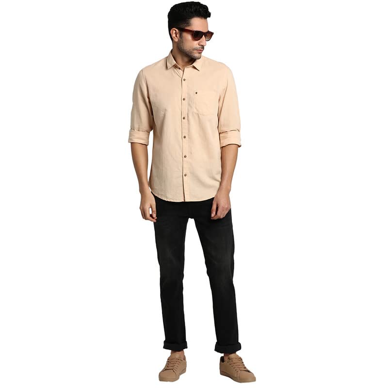 Image of Turtle Men Cotton Linen Beige Slim Fit Solid Formal Shirts