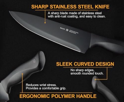 Image of 19-Piece Kitchen Knife Set with Block and Built-In Sharpener, Black | High-carbon stainless steel blades, nonstick coating, ergonomic handles and dishwasher-safe care