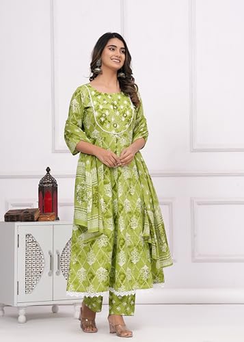 Image of Rangnavi Women's Floral Print Cotton Anarkali Embroidered Kurta with Palazzo and Dupatta