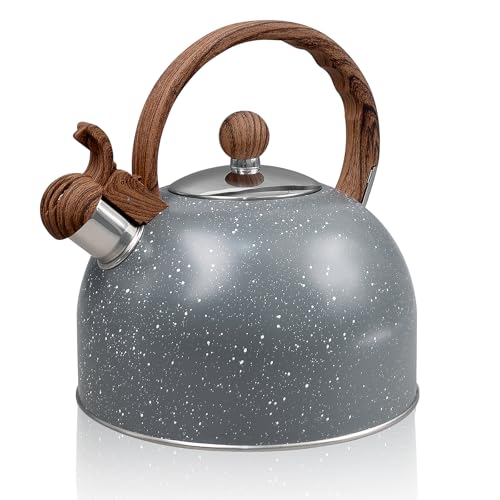 3 Liter Whistling Stainless Steel Tea Kettle with Wood Grain Anti Heat Handle, Cylindrical Wood Grain Stainless Steel Cover, (3.2 Quart, Beige)