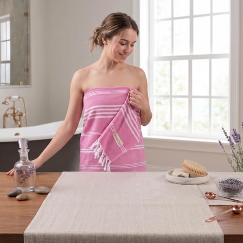 Image of Ultrasoft Bamboo Bath Towel for Travel, Gym & Beach | Quick Dry, Compact & Lightweight | Turkish Striped Satin Weave | Pink | 63x33 Inch | 210 GSM