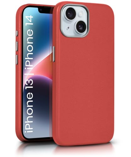 Image of WOW IMAGINE Back Cover for iPhone 13 | iPhone 14 | Shockproof Tough Leather Texture Hard Mobile Case | Ultra Slim Non-Slip Grip | Inner Velvet Fabric | Metal Camera Ring - Crimson Red