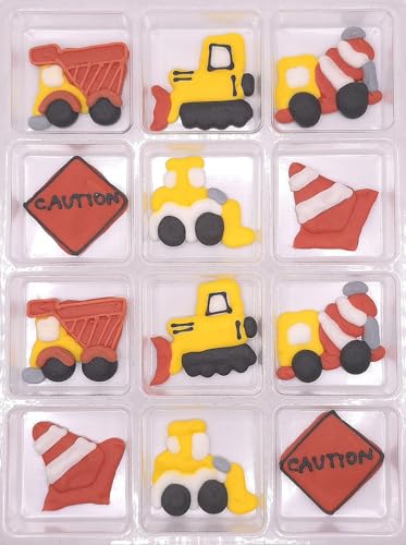 NCS Construction Set Edible Royal Icing Cake Toppers, 12 Count – Dump Truck, Cement Truck, Bulldozer, Backhoe, Cone & Sign