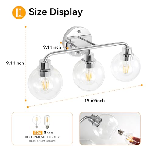 Image of Bathroom Light Fixtures Chrome Vanity Light Silver 3 Light Modern | Wall Sconces Lighting Bathroom Lights with Glass Shades Bath Wall Lights Wall Lamp for Mirror Kitchen Living Room Hallway