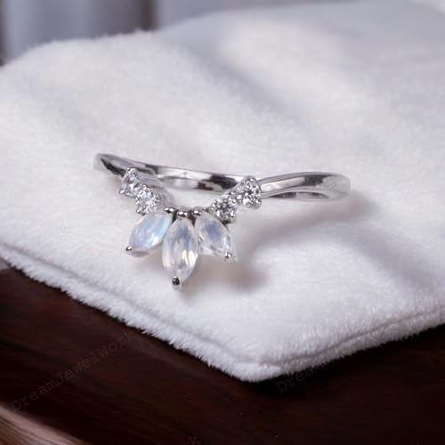14k White Gold Band Moonstone Wedding Band Curved Diamond Jewelry Dainty Promise Ring June Birthstone Gifts Marquise Cut Gemstone Bands4