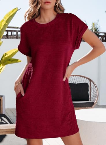 EVALESS Womens Summer Dresses 2026 Fashion Short Sleeve Cute Spring Mini Dress Crewneck Solid Casual Beach Vacation Tshirt Dresses — view 4