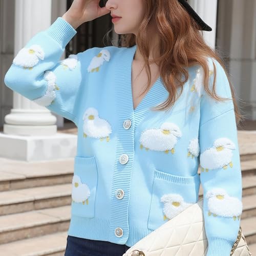 Image of FindThy Women's Kawaii Knitted Cardigan Long Sleeve Button Up Sheep Print Cute Sweater Cardigans