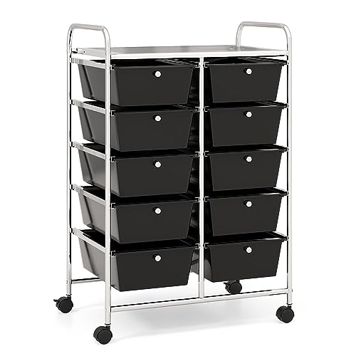 COSTWAY Rollwagen mit 10 stapelbaren Schubladen, Schubladenwagen, Rollcontainer mit Metallrahmen und Ablagefläche, Aufbewahrungswagen für Büro, Wohnzimmer, 65,5 x 37 x 87 cm