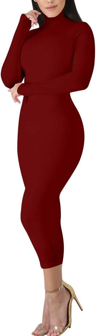 BORIFLORS Women's Sexy Basic Long Sleeve Turtleneck Bodycon Party Long Pencil Dress - Image 2