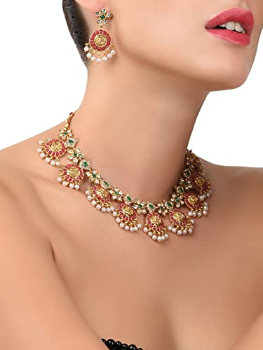 ZAVERI PEARLS Gold Tone Traditional Temple Choker Necklace Set For Women-ZPFK8983 - Image 3