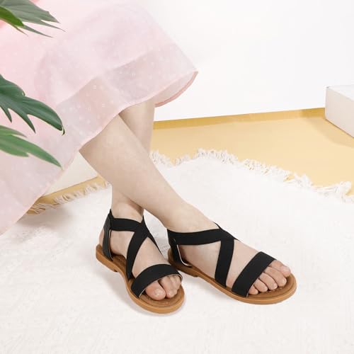 Image of PANDANINJIA Girls Sandals Slip-on Elastic Ankle Cross Strappy Gladiator Dress Sandals Flats Summer Shoes Little Big Kids Sandals