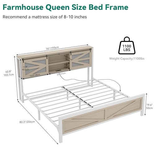 YITAHOME Farmhouse King Size Bed Frame with Headboard, Bookcase Storage Shelves, Sliding Grid Barn Door, Charging Station, Rustic Wood Platform Bed, No Box Spring Needed, Oak