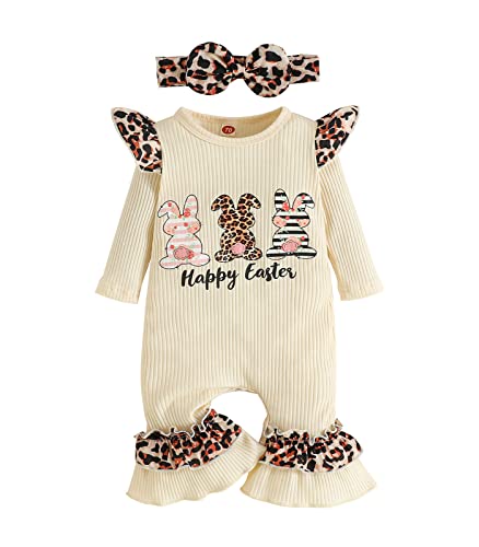 Image of Infant Baby Girl Easter Jumpsuit Set Letter Rabbit Print Long Sleeves Ruffle Romper Bow Headband