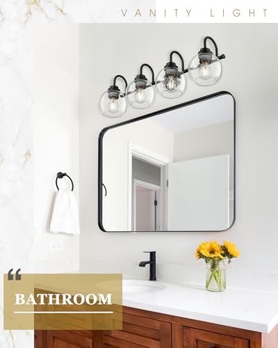 Image of Bathroom Light Fixtures, 4-Light Matte Black Vanity Lights with Globe Clear Glass, 30 Inch Modern Vanity Lighting Fixtures Over Mirror, AD-22280-4W-BK