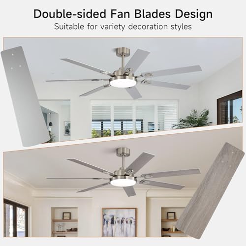 Image of 64 Inch Ceiling Fans with Lights and Remote, Bedroom Living Room Office Library Cafe Outdoor Industrial, 5CCT Dimmable, Dual Color 7 Blades, 6 Speed Reversible Quiet DC Motor, Sand-nickel /Wood Grain