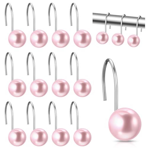 Threehoney 12 Pcs Cute Shower Curtain Hooks Shower Curtain Rings Artifical Pearl Decorative Vintage Rustproof Hooks for Bathroom Country Farmhouse Decor (Pink)