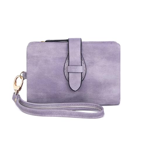 Women's Genuine Leather Compact Wallet RFID Blocking Multi Card Holder Travel Purse Phone Pocket (Purple)