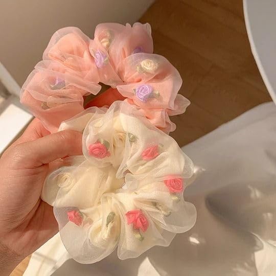 Floral Organza Hair Scrunchies, Rose Pattern, Pink and White, Pack of 2-image-41